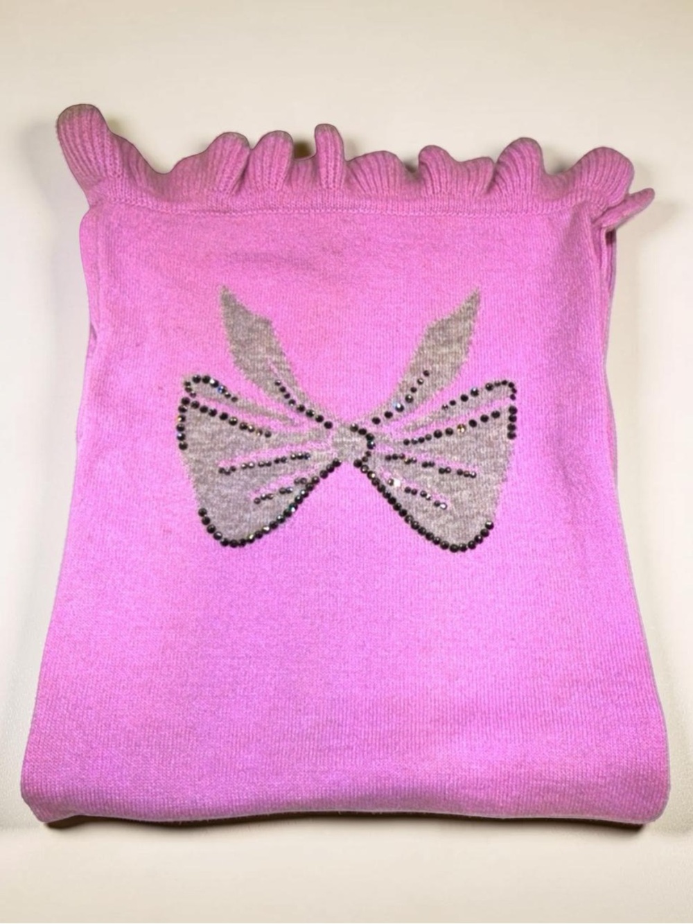 Pink 100% Cashmere Scarf | Rhinestone Bow | Knit Scarf |  51” x 10”